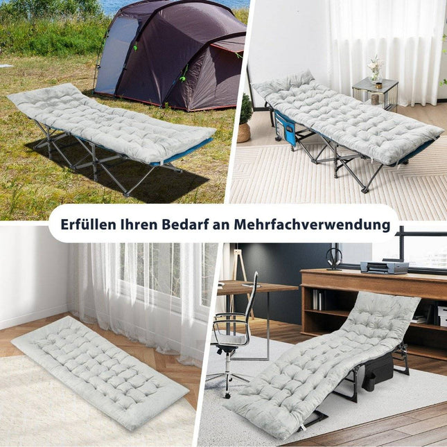 190 x 70 cm kokvilnas kempinga gultas spilvens, 7 cm biezs matracis ar 4 stiprinājuma siksnām, pelēks