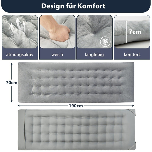 190 x 70 cm kokvilnas kempinga gultas spilvens, 7 cm biezs matracis ar 4 stiprinājuma siksnām, pelēks