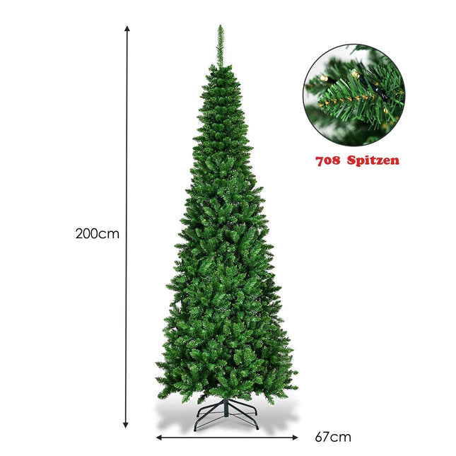 200 cm šaura Ziemassvētku eglīte ar silti baltām gaismas diodēm, mākslīgā Ziemassvētku eglīte, zaļa