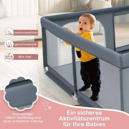 200 x 180 cm bērnu rotaļu laukums ar 50 okeāna bumbām, 4 rokturiem un durvīm, rāpošanas vārtiņiem, pelēks
