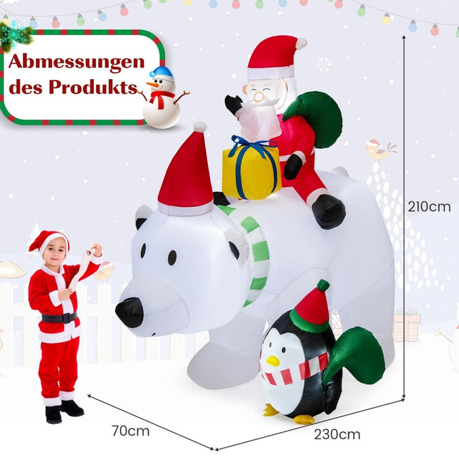 210 cm piepūšamais polārlācis ar Ziemassvētku vecīti, pingvīnu un LED diodēm