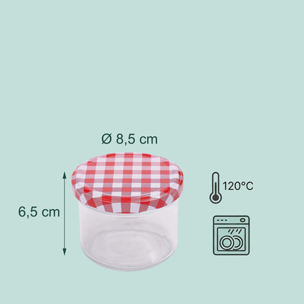 220 ml stikla burkas ar skrūvējamu aizdari, sarkanbalti vāki, 75 burkas iepakojumā
