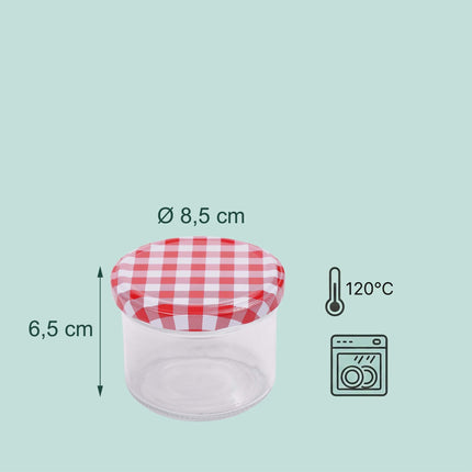 220 ml ievārījuma burkas, hermētiski atverami vāki, sarkanbaltas