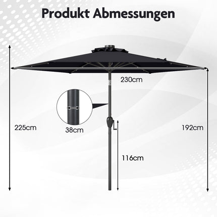 230 cm melns terases saulessargs ar LED saules gaismām