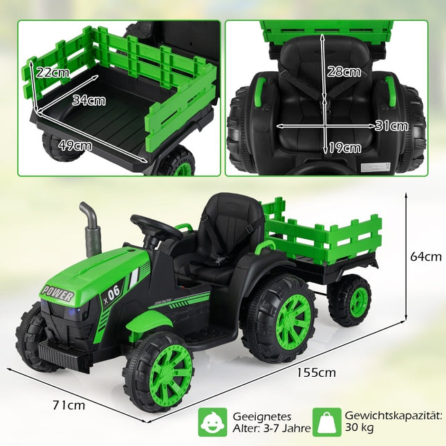 24V bērnu elektriskais traktors ar piekabi, LED, mūzika, zaļš