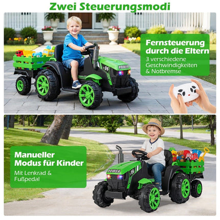24V bērnu elektriskais traktors ar piekabi, LED, mūzika, zaļš