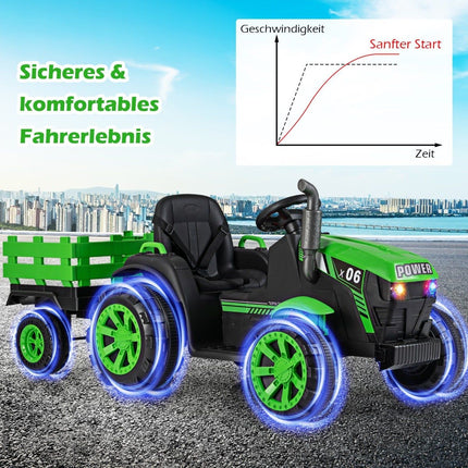 24V bērnu elektriskais traktors ar piekabi, LED, mūzika, zaļš