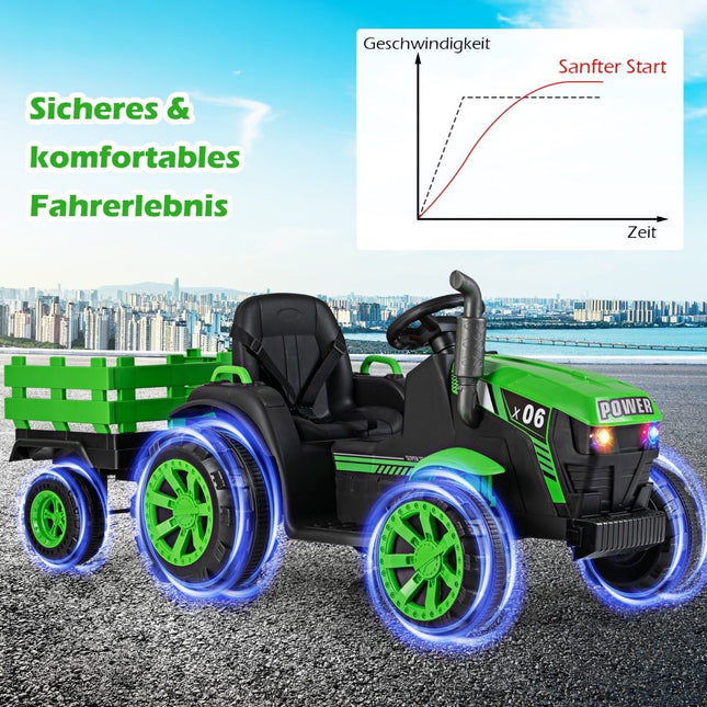 24V bērnu elektriskais traktors ar piekabi, LED, mūzika, zaļš