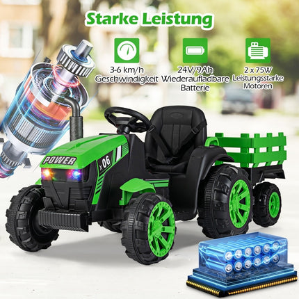 24V bērnu elektriskais traktors ar piekabi, LED, mūzika, zaļš