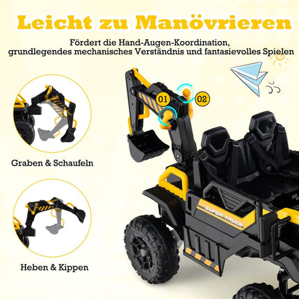 24 V bērnu ekskavators ar tālvadības pulti, 4WD, dzeltens