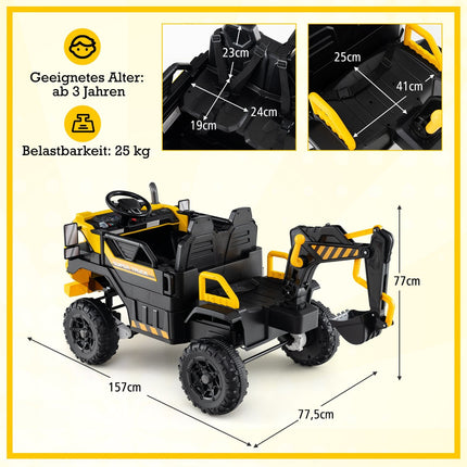 24 V bērnu ekskavators ar tālvadības pulti, 4WD, dzeltens