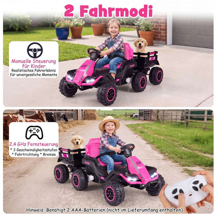24 V rozā bērnu elektriskais traktors ar tālvadības pulti un piekabi
