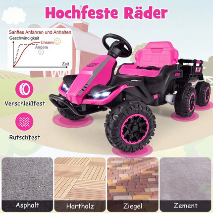 24 V rozā bērnu elektriskais traktors ar tālvadības pulti un piekabi