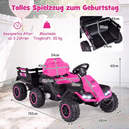 24 V rozā bērnu elektriskais traktors ar tālvadības pulti un piekabi