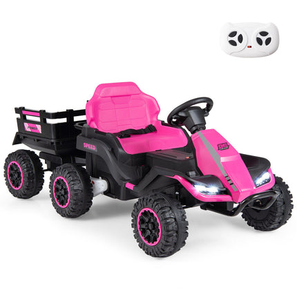 24 V rozā bērnu elektriskais traktors ar tālvadības pulti un piekabi