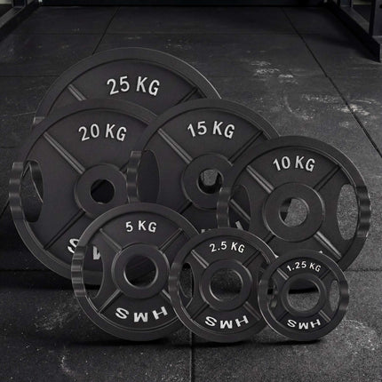 2,5 kg melns olimpiskais svara disks ar rokturiem