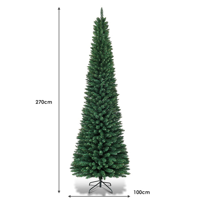 270 cm zīmuļu Ziemassvētku eglīte ar metāla statīvu, zaļa