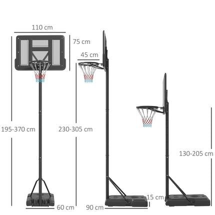 2-vienā basketbola statīvs, 195-370 cm, regulējams augstums, basketbola grozs ar tērauda statīvu