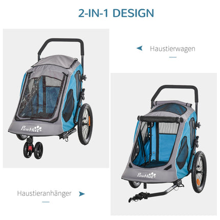 2-in-1 suņu piekabe, daudzfunkcionāla mājdzīvnieku velosipēda piekabe, elpojoša, oksfordas audums, metāls, zila