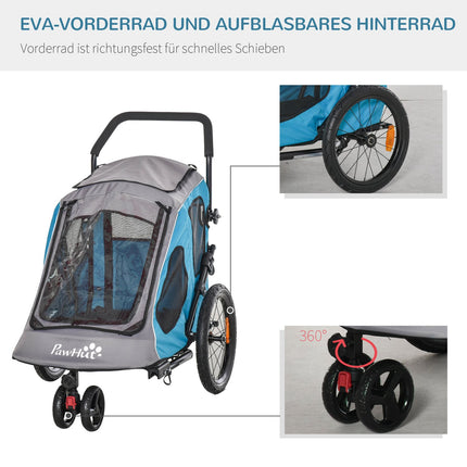 2-in-1 suņu piekabe, daudzfunkcionāla mājdzīvnieku velosipēda piekabe, elpojoša, oksfordas audums, metāls, zila