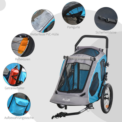 2-in-1 suņu piekabe, daudzfunkcionāla mājdzīvnieku velosipēda piekabe, elpojoša, oksfordas audums, metāls, zila