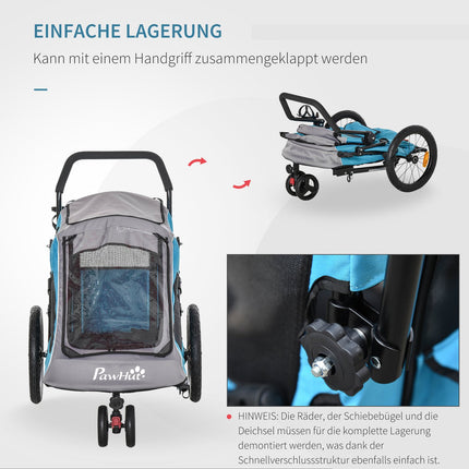 2-in-1 suņu piekabe, daudzfunkcionāla mājdzīvnieku velosipēda piekabe, elpojoša, oksfordas audums, metāls, zila