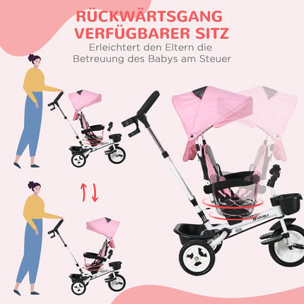2-in-1 pink tricycle with canopy, safety belt and basket