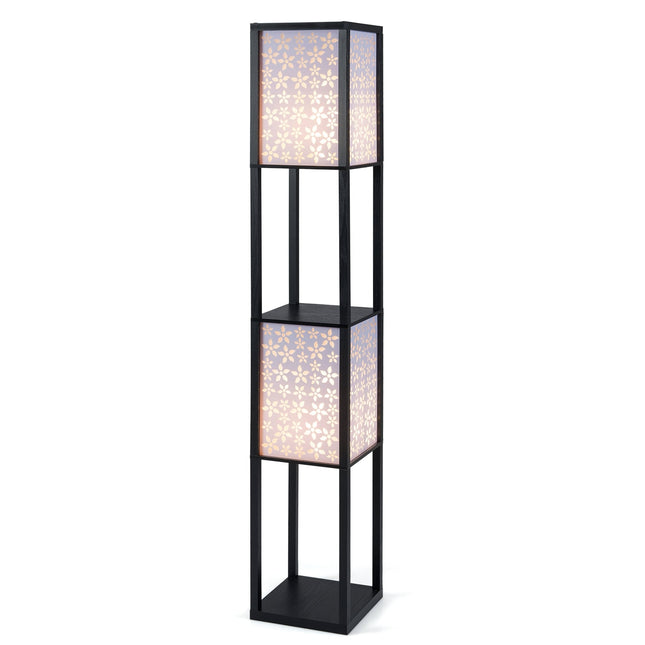 Divu lampu stāvlampa ar plauktiem, akrila abažūri