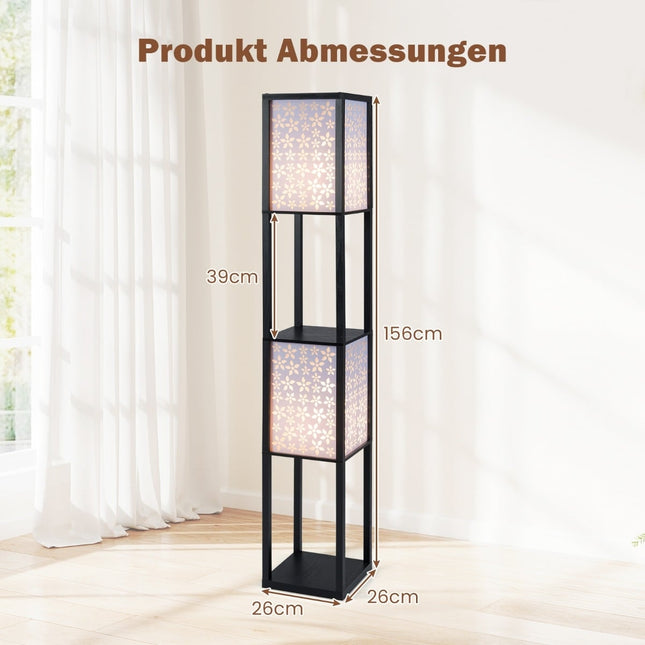 Divu lampu stāvlampa ar plauktiem, akrila abažūri