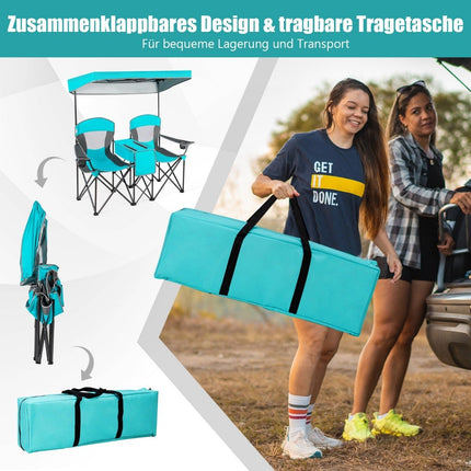Divvietīgs kempinga krēsls ar saules aizsardzību, mini galdiņš, saliekams makšķerēšanas krēsls ar pārnēsāšanas somu, 166 x 71 x 151 cm, tumši zils
