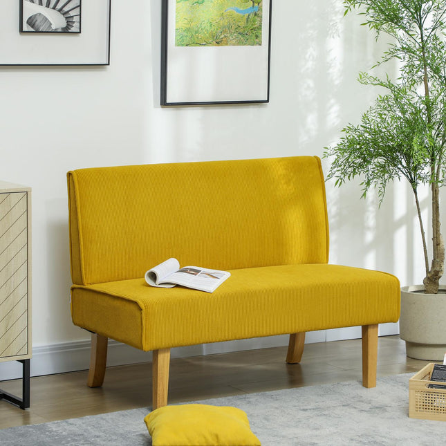 Divvietīgs dīvāns, dīvāns ar samta imitāciju, koka kājas, polsterēts dīvāns, divvietīgs dīvāns guļamistabai, viesistabai, 110 x 62 x 85 cm, dzeltens