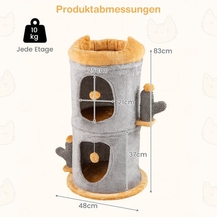 Divstāvu kaķu māja ar mājīgām alām un plīša bumbām
