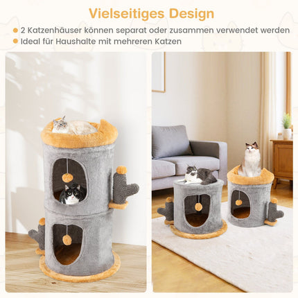 Divstāvu kaķu māja ar mājīgām alām un plīša bumbām