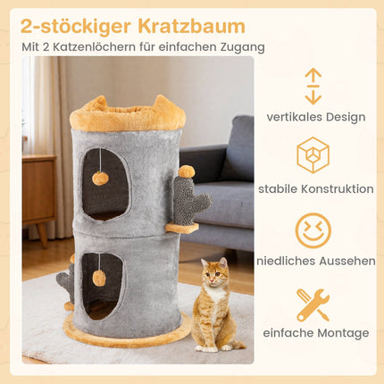 Divstāvu kaķu māja ar mājīgām alām un plīša bumbām