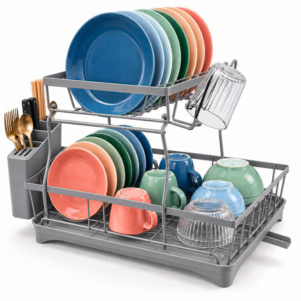 2-Tier Dish Drainer with Integrated Drain and Glass Holder, Grey, 47.5 cm Wide