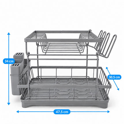 2-Tier Dish Drainer with Integrated Drain and Glass Holder, Grey, 47.5 cm Wide