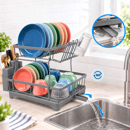 2-Tier Dish Drainer with Integrated Drain and Glass Holder, Grey, 47.5 cm Wide