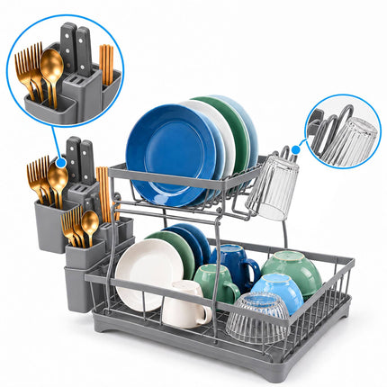 2-Tier Dish Drainer with Integrated Drain and Glass Holder, Grey, 47.5 cm Wide