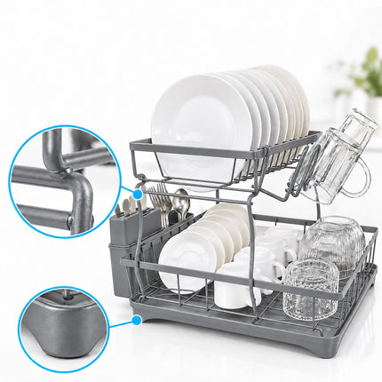 2-Tier Dish Drainer with Integrated Drain and Glass Holder, Grey, 47.5 cm Wide