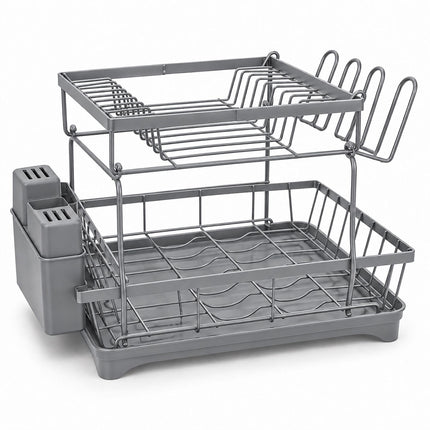 2-Tier Dish Drainer with Integrated Drain and Glass Holder, Grey, 47.5 cm Wide