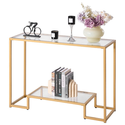 2-Tier Glass Console Table, Tempered Glass, Gold