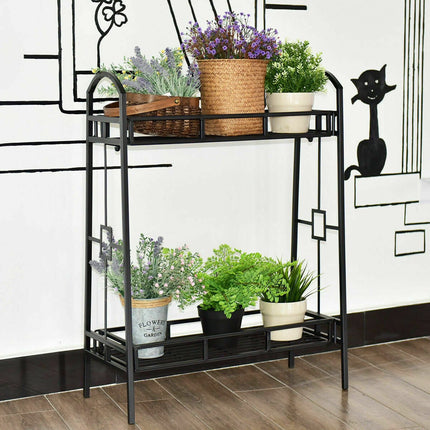 2-Tier Metal Plant Stand, Black Steel Indoor Outdoor