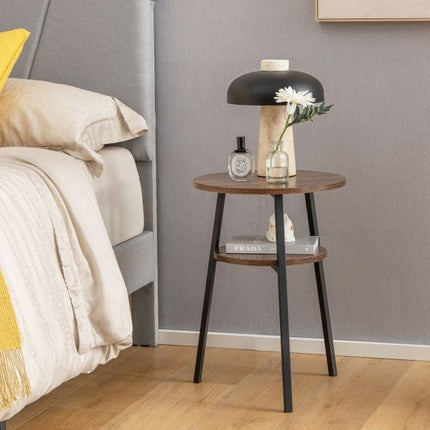 Divstāvu apaļš galdiņš, atvērts plaukts, metāla rāmis, brūns