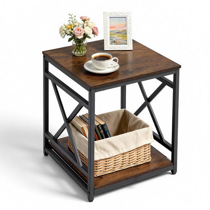2-Tier Square End Table, Open Shelves, Metal Frame