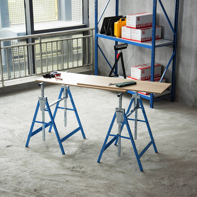 2 x sastatņu estakādes, saliekamas estakādes, regulējams augstums līdz 200 kg, tērauds, zilas, 68 x 58 x 80-130 cm