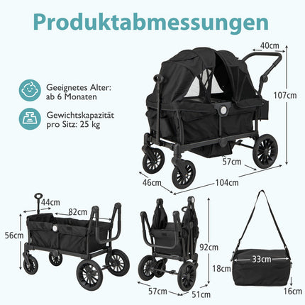 2-in-1 salokāmi dubultie ratiņi ar regulējamu rokturi, melni