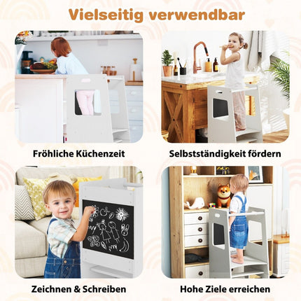 2 vienā virtuves palīga mācību tornis ar 3 regulējamiem augstumiem un tāfeles pakāpieniem, mācību krēsls, balts