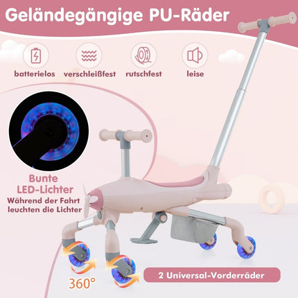 2-vienā stumjama mašīna bērniem ar lidmašīnas motīvu un LED apgaismotiem riteņiem, pārnēsājama līdz 50 kg, rozā