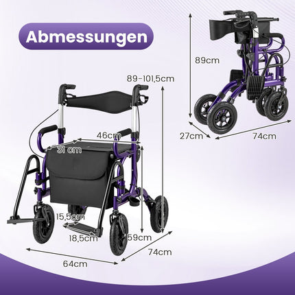 2-vienā rullators un ratiņkrēsls, salokāms, 23 cm pneimatiskie riteņi