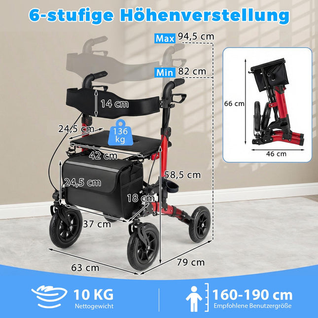 2-in-1 rullators un ratiņkrēsls, salokāms, atbalsta 136 kg
